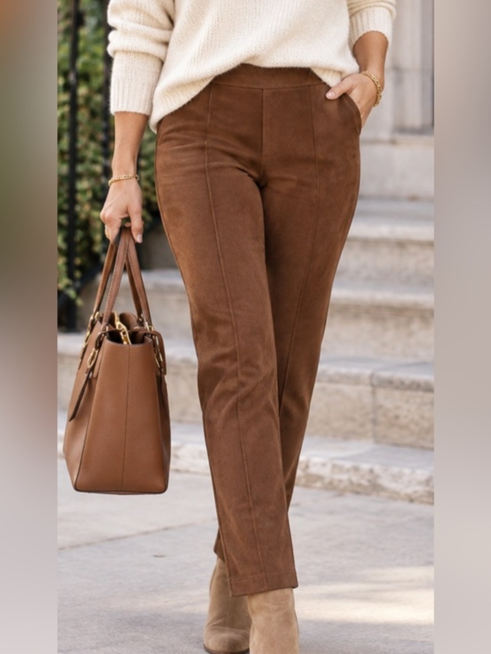 Marc New York Straight-Leg Suede Look Pants in Brown size large